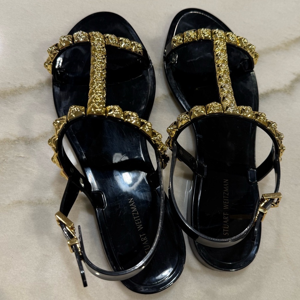 Stuart Weitzman Jelly Sandals Size 8 Black Gold Embellishments - Picture 5 of 11